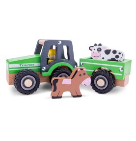 Traktor z przyczepą i zwierzętami