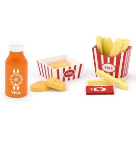Drewniane jedzenie zestaw fastfood - frytki, nuggets, napój