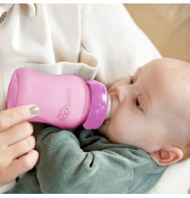 Szklana butelka ze smoczkiem S reagująca na temperaturę, 150 ml, wiśniowa, Everyday Baby