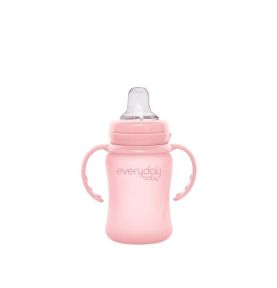 Szklana butelka z ustnikiem niekapkiem i rączkami, 150 ml, różowa, Everyday Baby