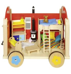 Drewniana przyczepa kamper z wyposażeniem