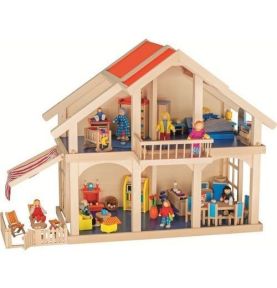 Drewniany domek dla lalek z werandą i balkonem , dwa piętra