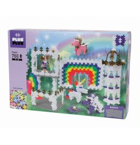 Plus-Plus, Mini Pastel - 760 szt. - Tęczowy zamek z jednorożcami oraz 2 podkładki GRATIS!
